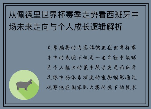 从佩德里世界杯赛季走势看西班牙中场未来走向与个人成长逻辑解析