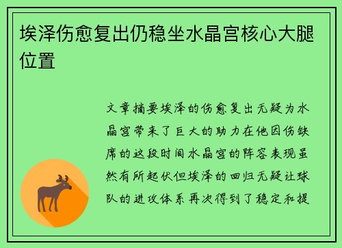 埃泽伤愈复出仍稳坐水晶宫核心大腿位置